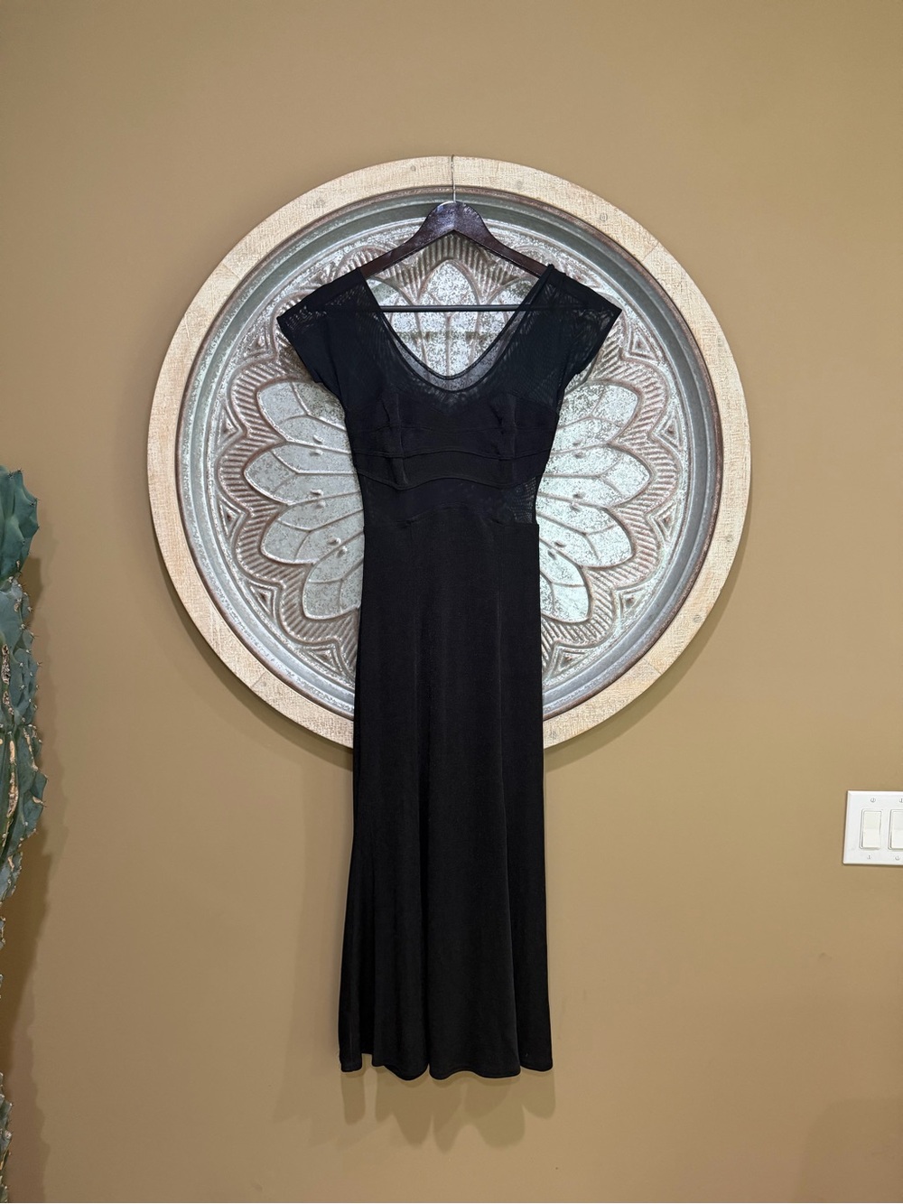 Vintage 90s Off-Shoulder Black Fishtail Mermaid Midi Dress W/ Sheer Mesh Panels - Picture 6 of 8